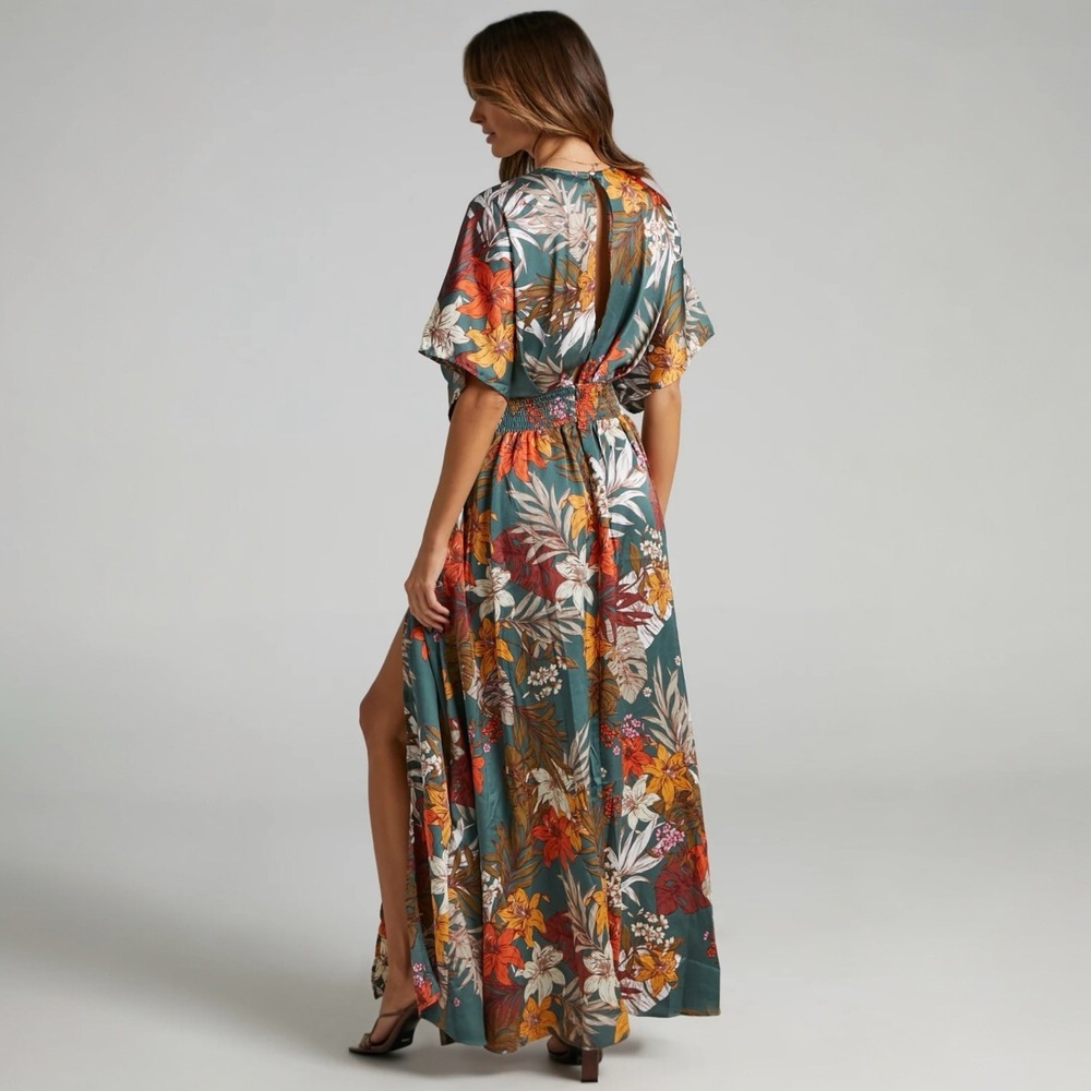 Showpo Vacay Ready Maxi Dress Size 14 Floral Plunge Neckline Thigh High Slit - Picture 4 of 15